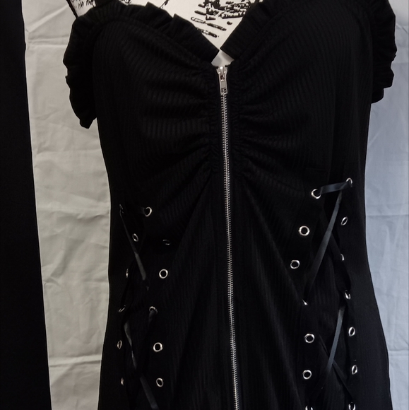 Womens black zippered corset casual top Gothic style sexy lace up ribbed top Xl - Picture 3 of 7